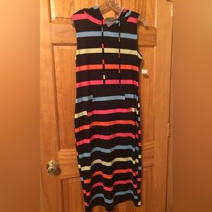 NWT, Womens long dress, multi color with stripes, pockets, hood, tie